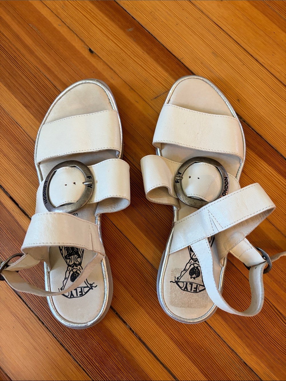 Fly London Off-White Platform Sandals with Silver Accents